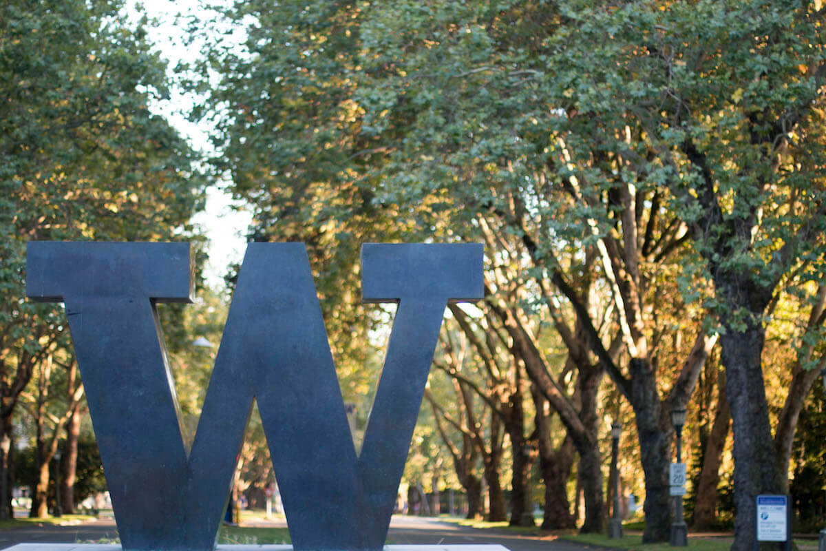 The Block W statue at the North entrance to the UW Seattle campus.