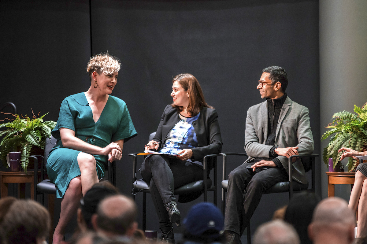 photo of Anna Lauren Hoffman, Ece Kamar and Shankar Narayan on stage at Global Challenges event
