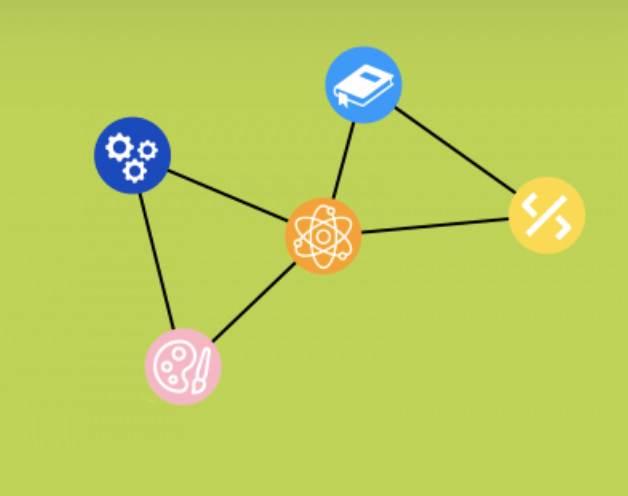 Icons of painting tools, science, gears, a book and an abstract image interact in this graphic