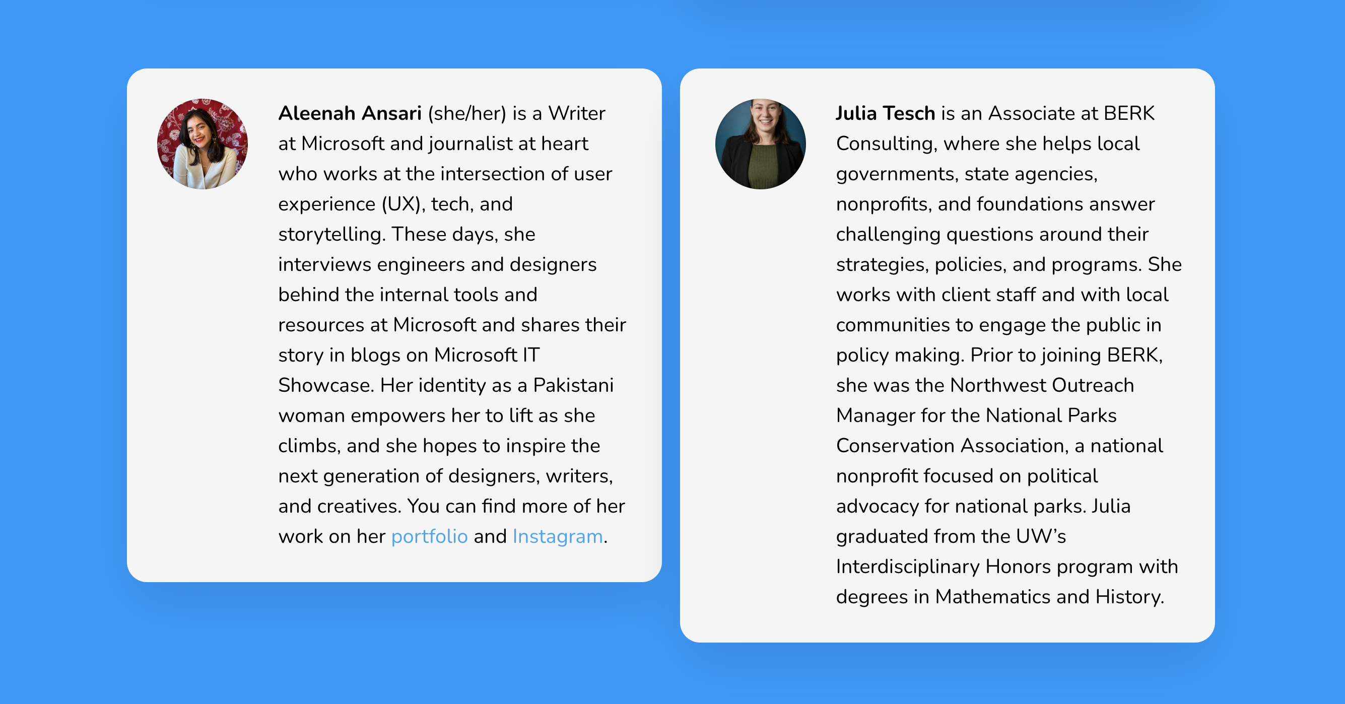 Aleenah Ansari and Julia Tesch are each smiling, surrounded by profile text you can find on the Digital Humanities Day website