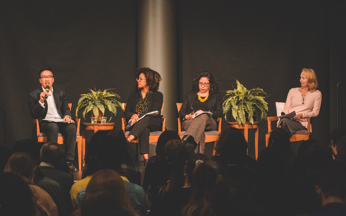 Global Challenges panelists consisting of Tom Ikeda, Megan Ming-Francis, and Angélica Cházaro, joined by moderator Vicky Lawson